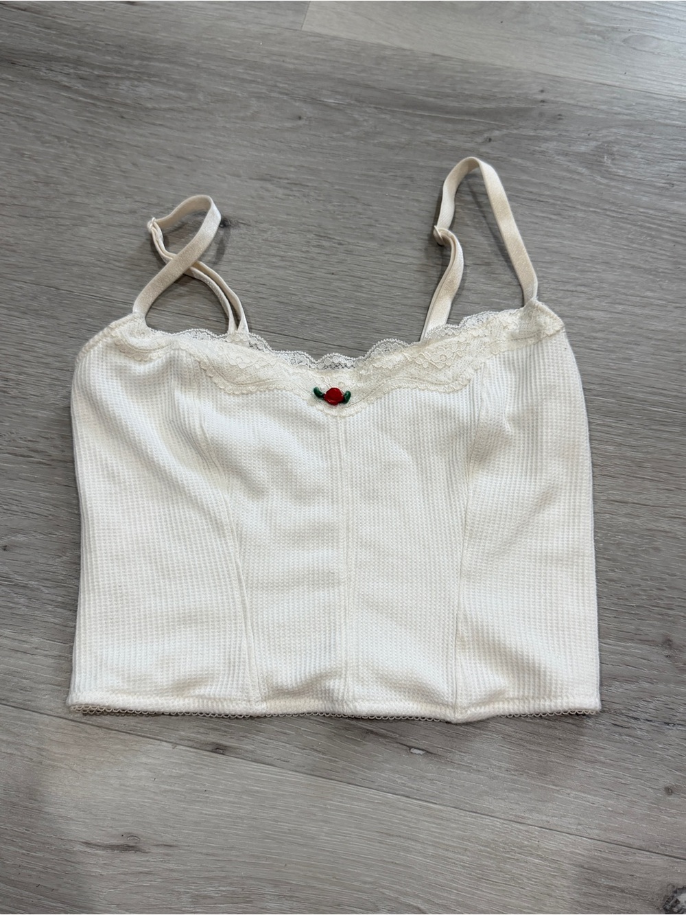 Colsie Cream Ribbed Lace-Trim Cami with Cherry Detail